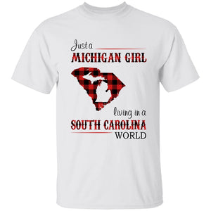Just A Michigan Girl Living In A South Carolina World T-shirt - T-shirt Born Live Plaid Red Teezalo