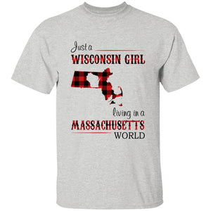 Just A Wisconsin Girl Living In A Massachusetts World T-shirt - T-shirt Born Live Plaid Red Teezalo