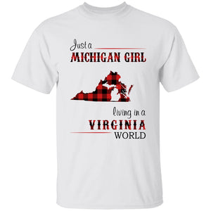 Just A Michigan Girl Living In A Virginia World T-shirt - T-shirt Born Live Plaid Red Teezalo