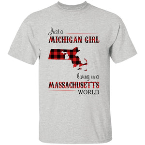 Just A Michigan Girl Living In A Massachusetts World T-shirt - T-shirt Born Live Plaid Red Teezalo