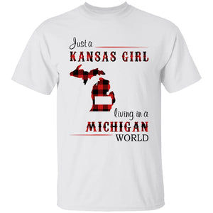 Just A Kansas Girl Living In A Michigan World T-shirt - T-shirt Born Live Plaid Red Teezalo
