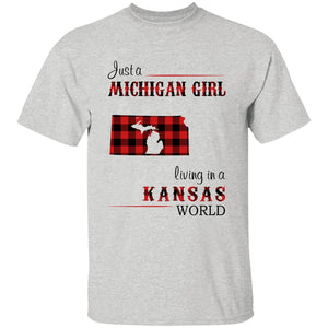 Just A Michigan Girl Living In A Kansas World T-shirt - T-shirt Born Live Plaid Red Teezalo