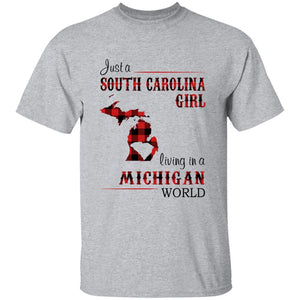 Just A South Carolina Girl Living In A Michigan World T-shirt - T-shirt Born Live Plaid Red Teezalo