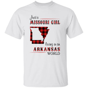 Just A Missouri Girl Living In An Arkansas World T-shirt - T-shirt Born Live Plaid Red Teezalo