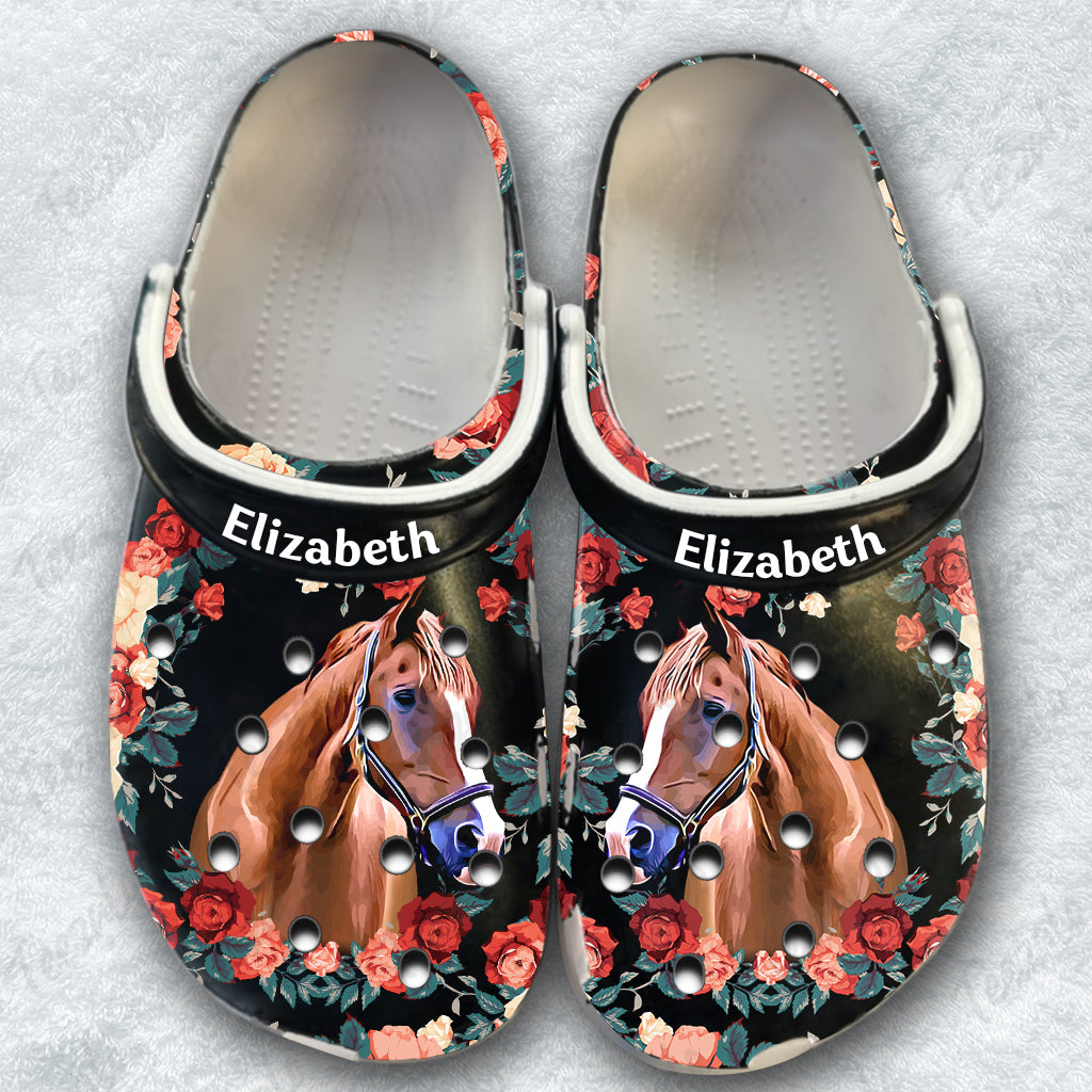 Horse Personalized Clogs Shoes For Women With Floral Pattern 1