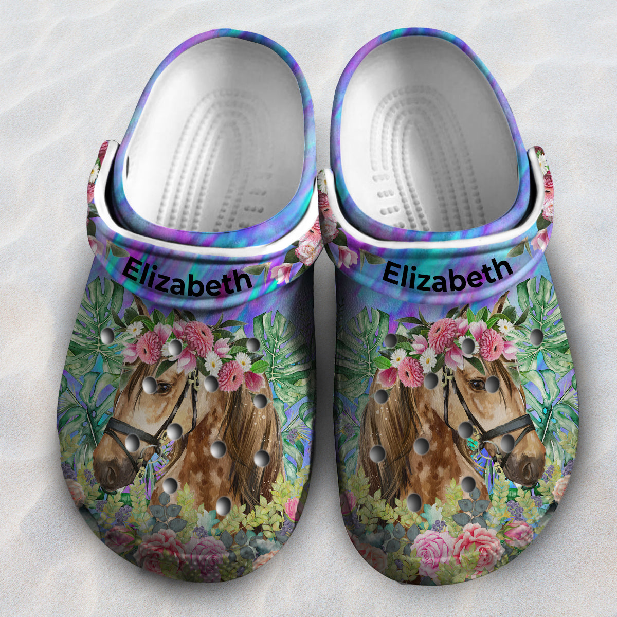 Horse Personalized Clogs Shoes With Flower Watercolor