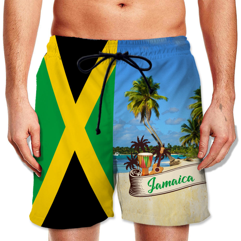 Jamaica Flag Men Beach Shorts With Palm Trees On Tropical Jamaica