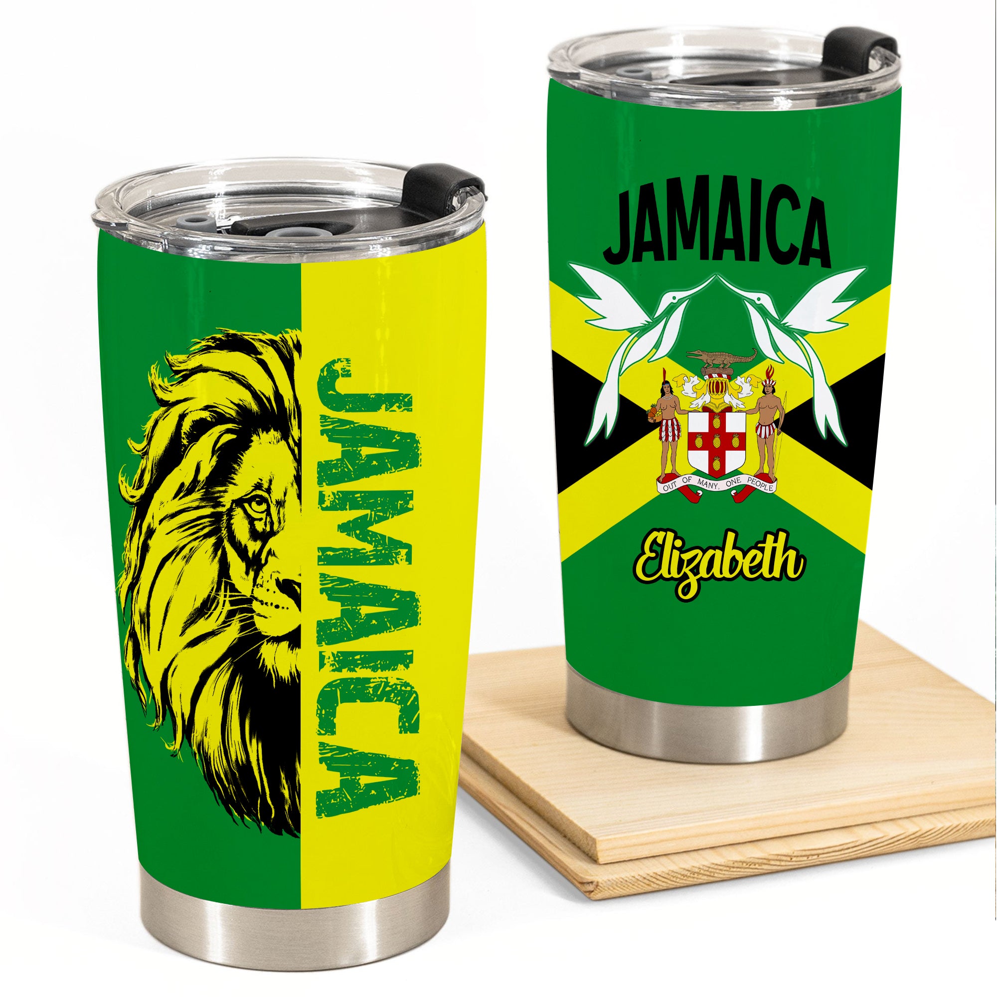 Jamaica Flag Personalized Tumbler With Lion And Bird