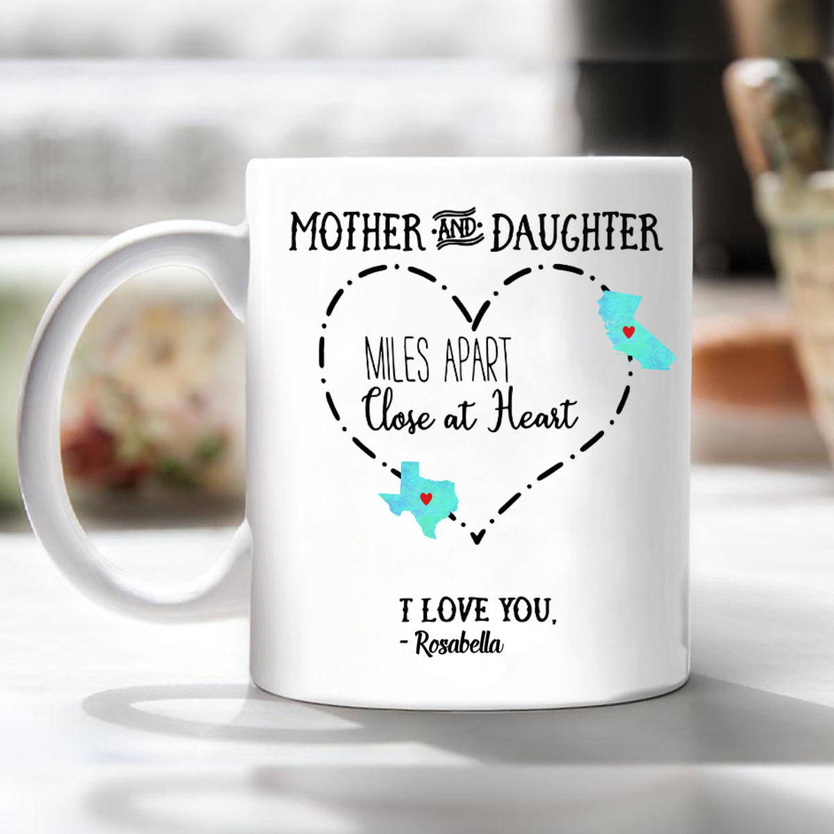 Long Distance Gift, Personalized Mother and Daughter Mug, Miles Apart Close At Heart I Love You