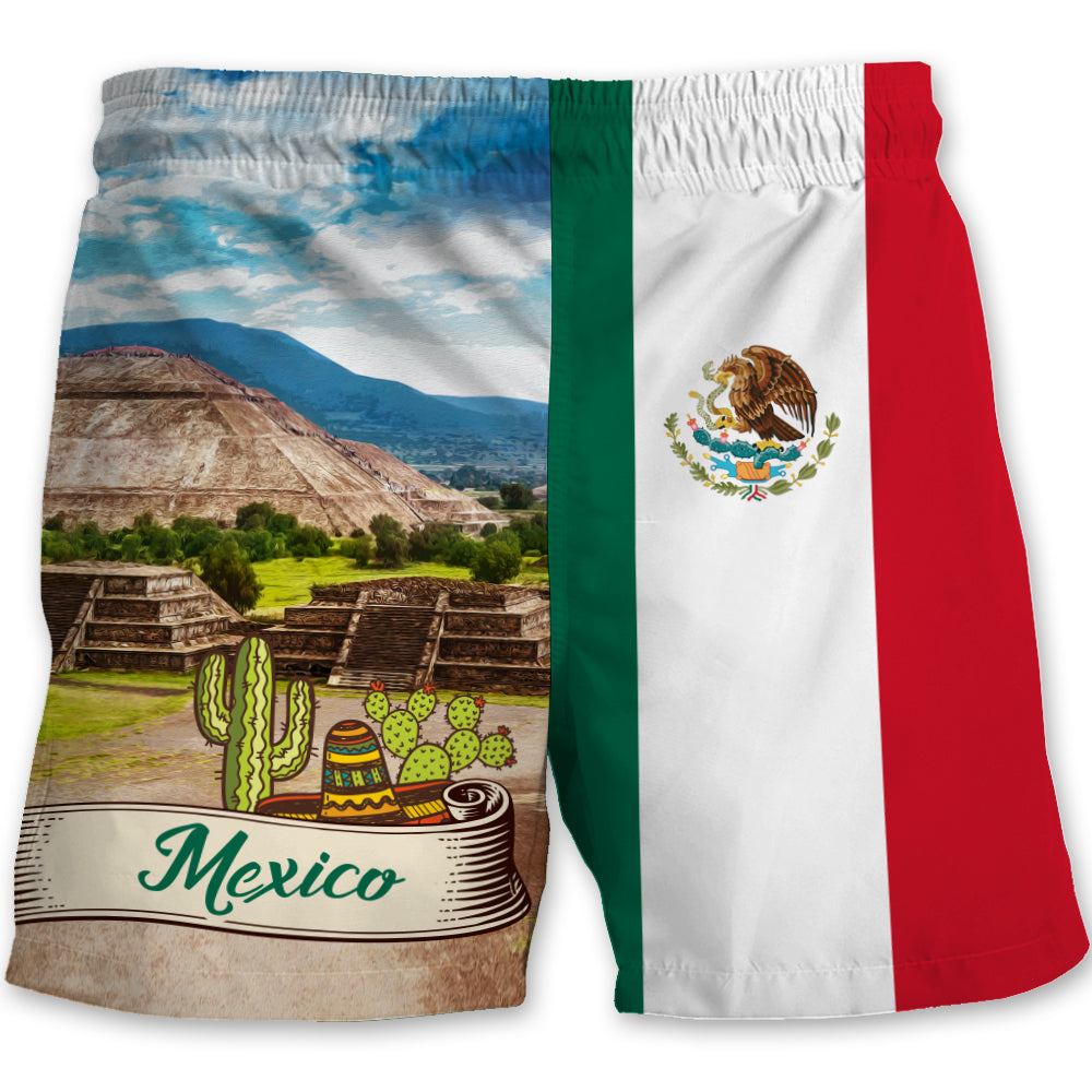 Mexico Flag Men Beach Shorts With Pyramids Of The Sun And Moon On The Avenue Of The Dead