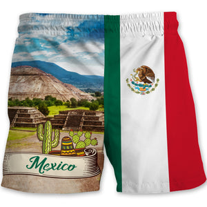 Mexico Flag Men Beach Shorts With Pyramids Of The Sun And Moon On The Avenue Of The Dead