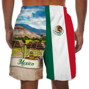 Mexico Flag Men Beach Shorts With Pyramids Of The Sun And Moon On The Avenue Of The Dead