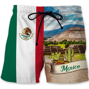 Mexico Flag Men Beach Shorts With Pyramids Of The Sun And Moon On The Avenue Of The Dead