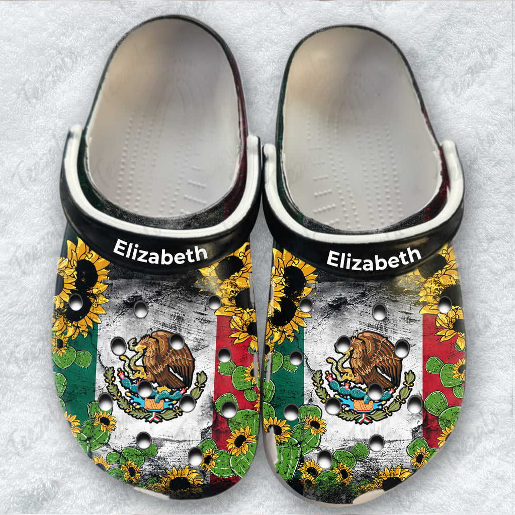 Mexican Personalized Clogs Shoes With Flag Cactus Sunflower
