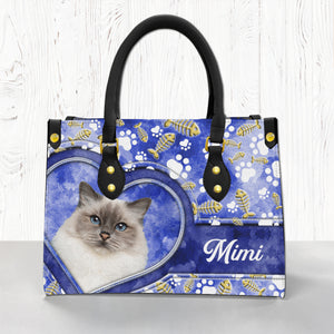Personalized Pet Cat Face Leather Handbag With Watercolor Pattern