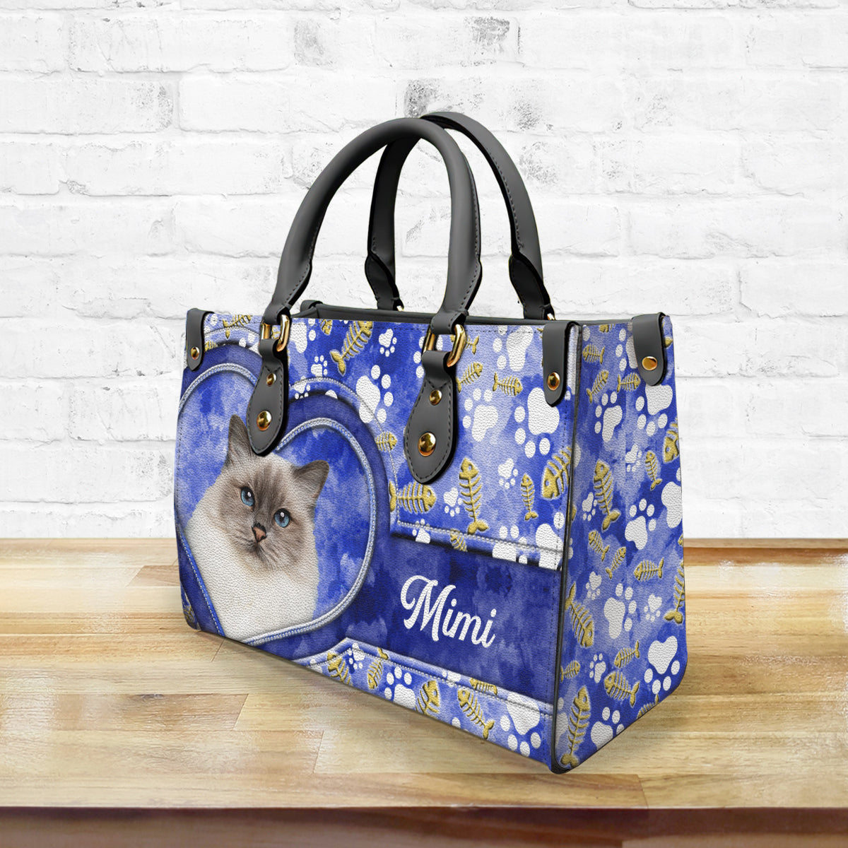 Personalized Pet Cat Face Leather Handbag With Watercolor Pattern