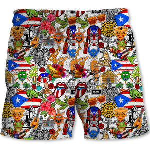 Puerto Rico Men Beach Shorts With Many Symbols