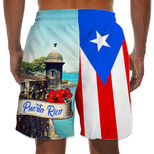Puerto Rico Flag Men Beach Shorts With El Morro Castle in San Juan Pictures