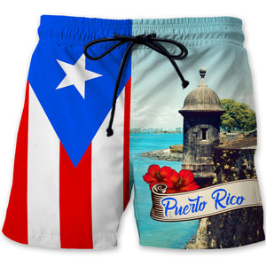 Puerto Rico Flag Men Beach Shorts With El Morro Castle in San Juan Pictures