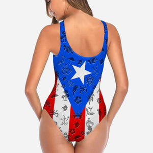 Puerto Rico Swimsuit With Many Symbols On Flag
