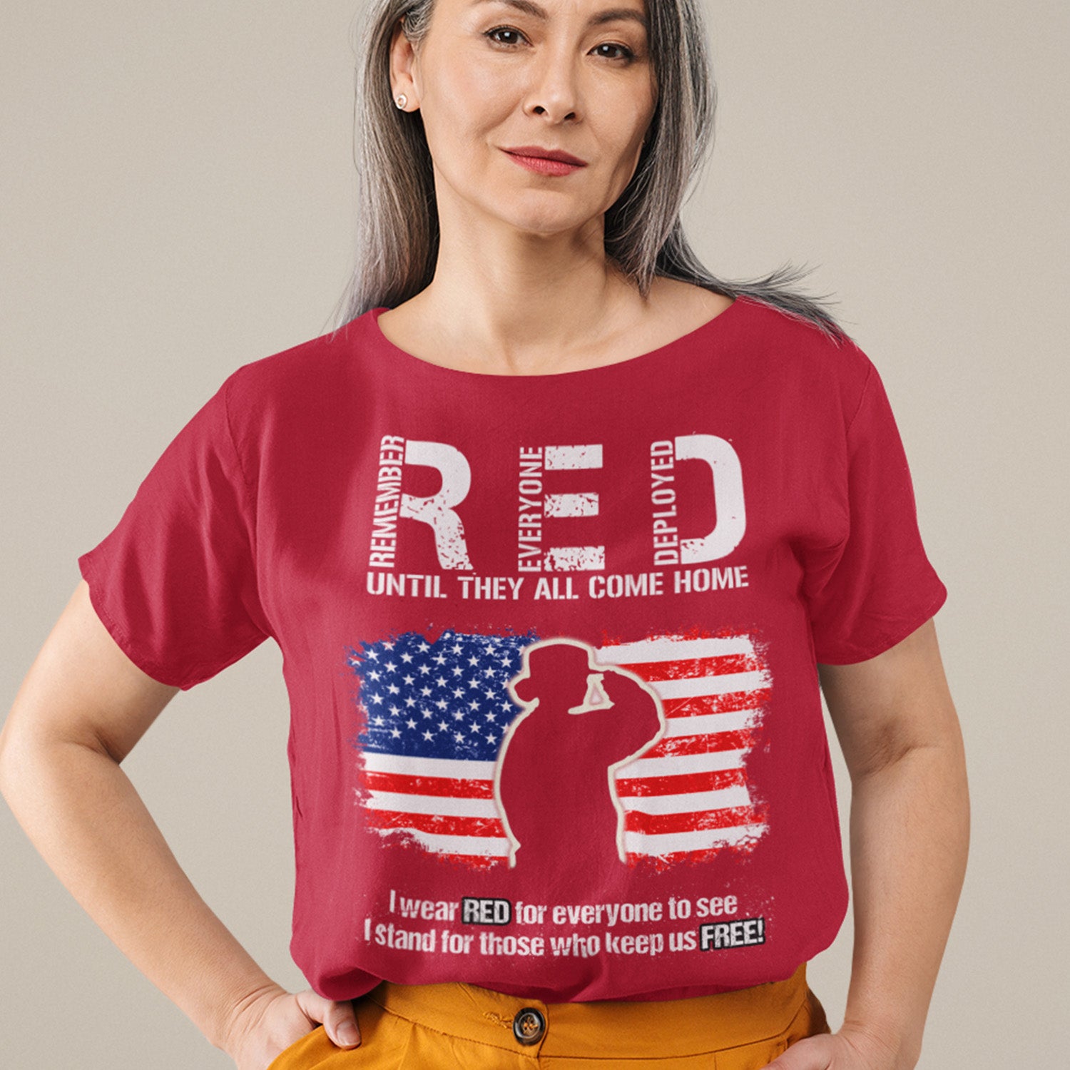 Patriotic Female Veteran Shirt  Red Remember Everyone Deployed