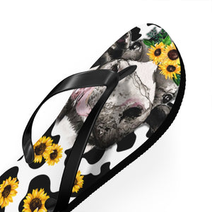 Cow Print Flip Flops With Sunflower