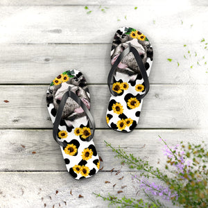 Cow Print Flip Flops With Sunflower