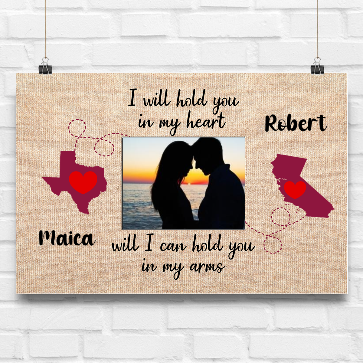 Long Distance Relationship Gift Personalized Poster For Girlfriend Boyfriend, Hold You In My Heart In My Arm